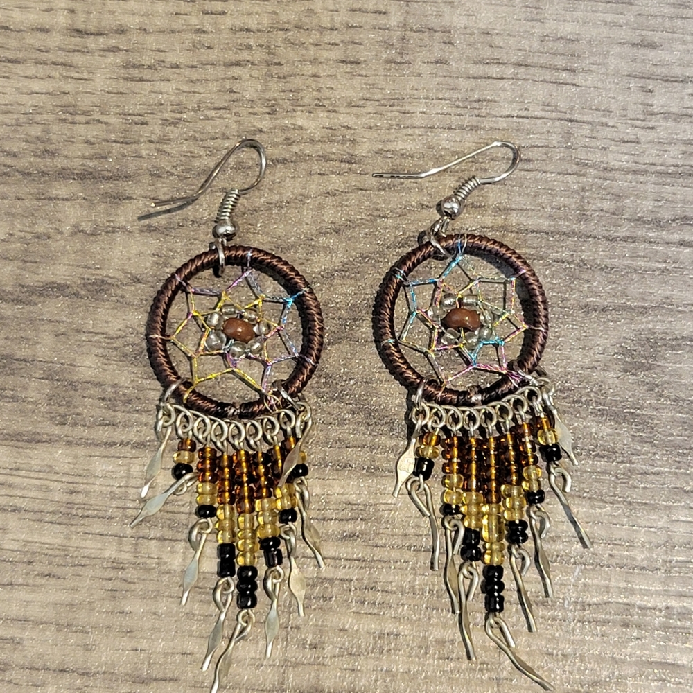 Dream Catcher Earrings Long Seed Beaded Metal Dangles - Womens Fashion Handmade